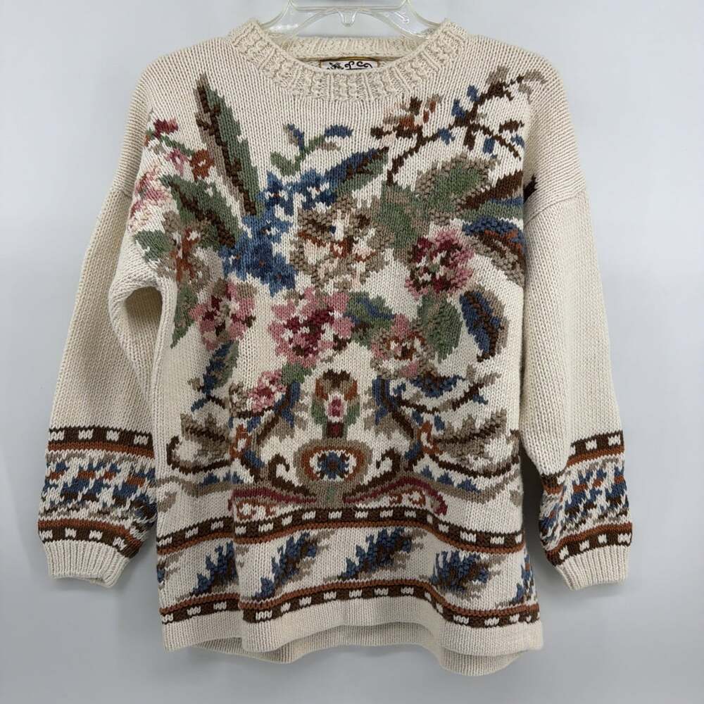 Vintage Heirloom Collectible Cream Pullover Knit Sweater Sz S Floral Embroidery
